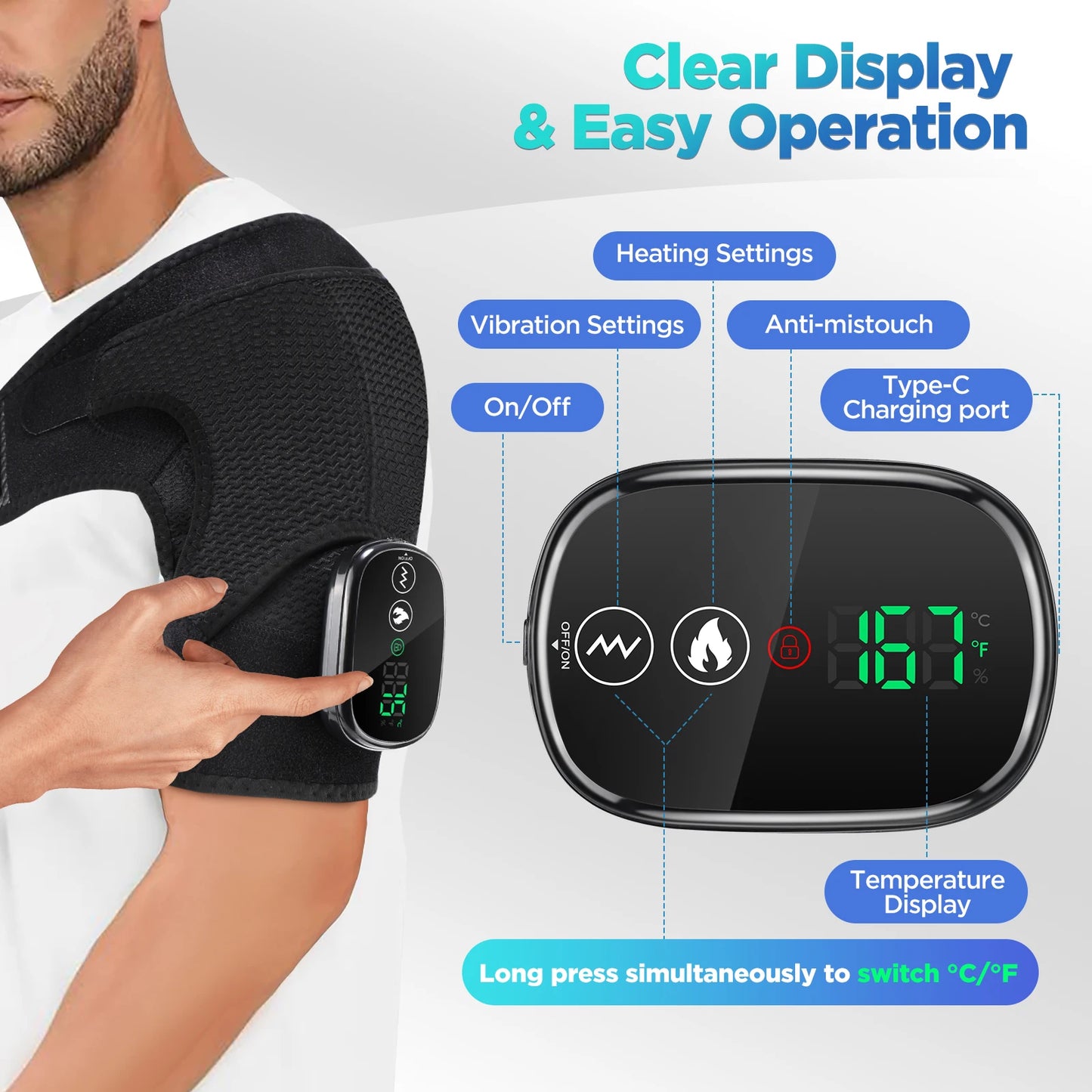 Person using a black shoulder massager with digital display and control panel on a white background.
