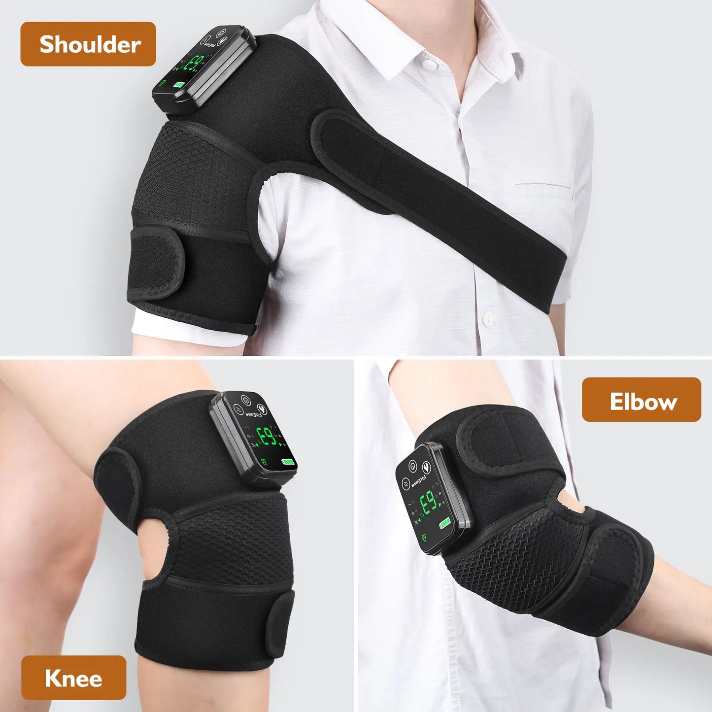 Electric massagers for shoulder, elbow, and knee with digital displays on a white background.