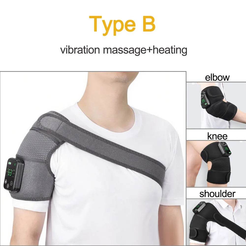 Vibration massage and heating device on shoulder with additional views of elbow, knee, and shoulder attachments.