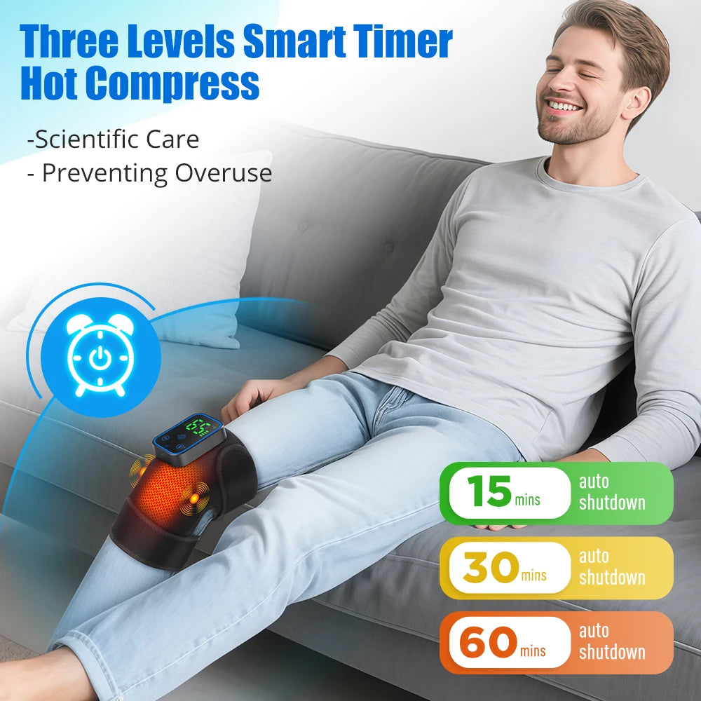 Man using a smart compression device on his leg with text about three-level smart timer hot compress.