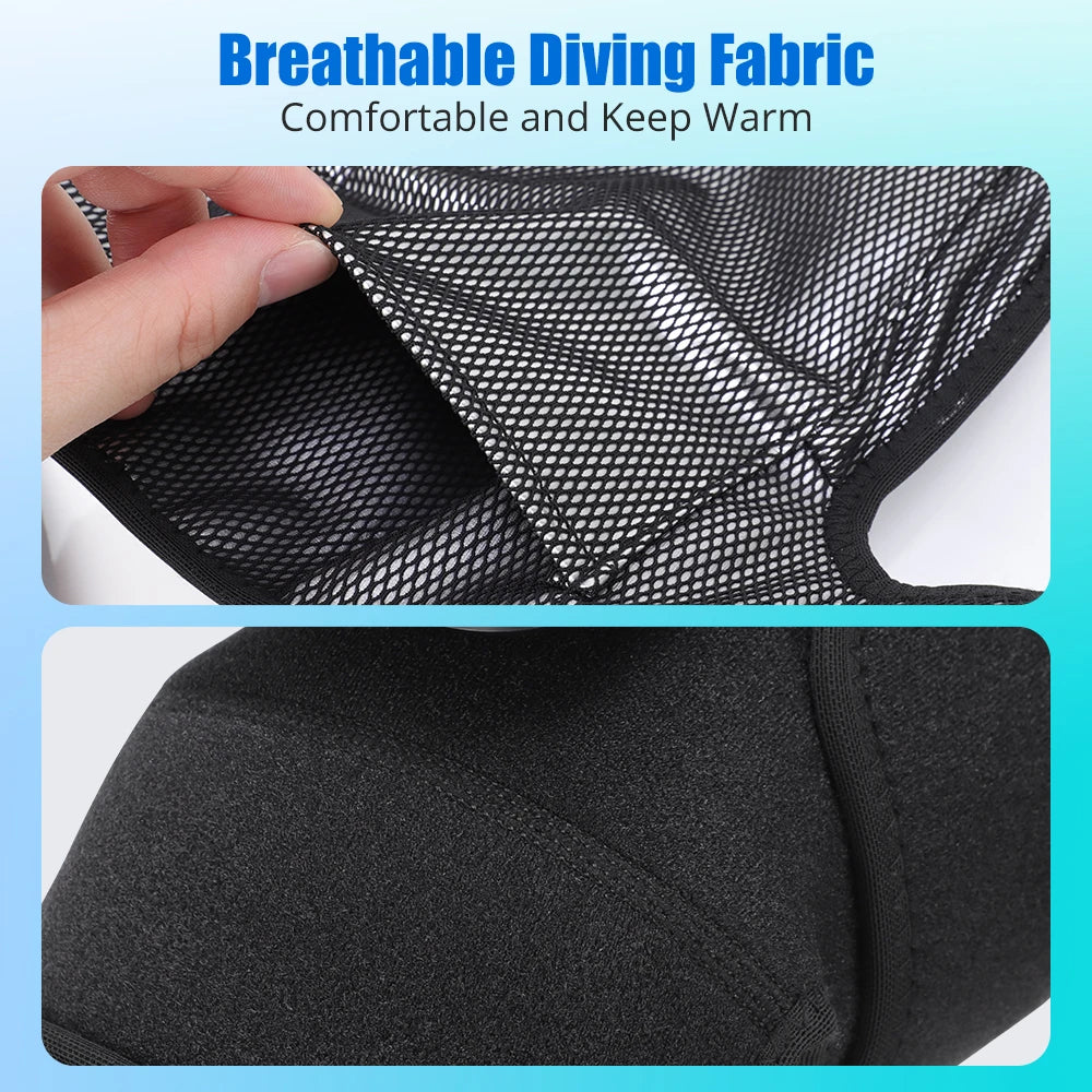 Textured fabric with breathable diving material and a hand holding it, on a blue background.