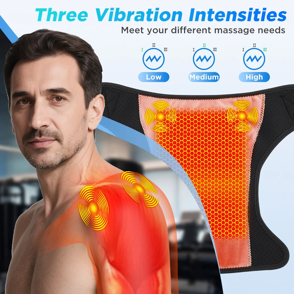 Man with shoulder pain using a massage device with three vibration intensity levels shown.