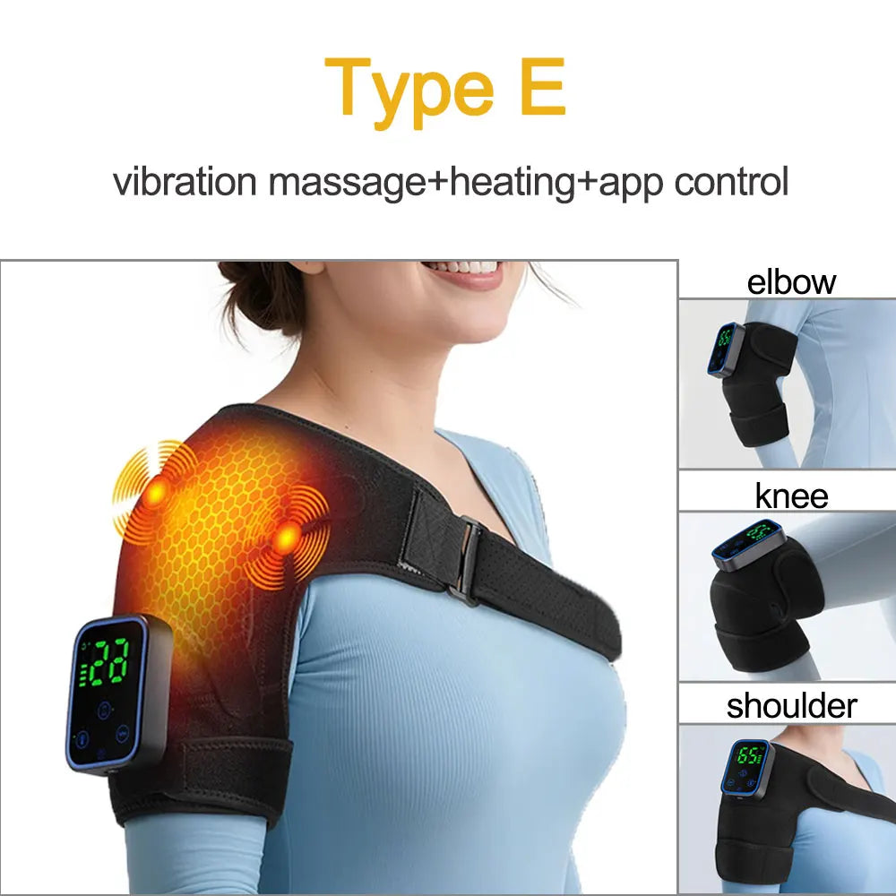 Neck and shoulder massager with heating and app control feature, shown on a person wearing a blue shirt.