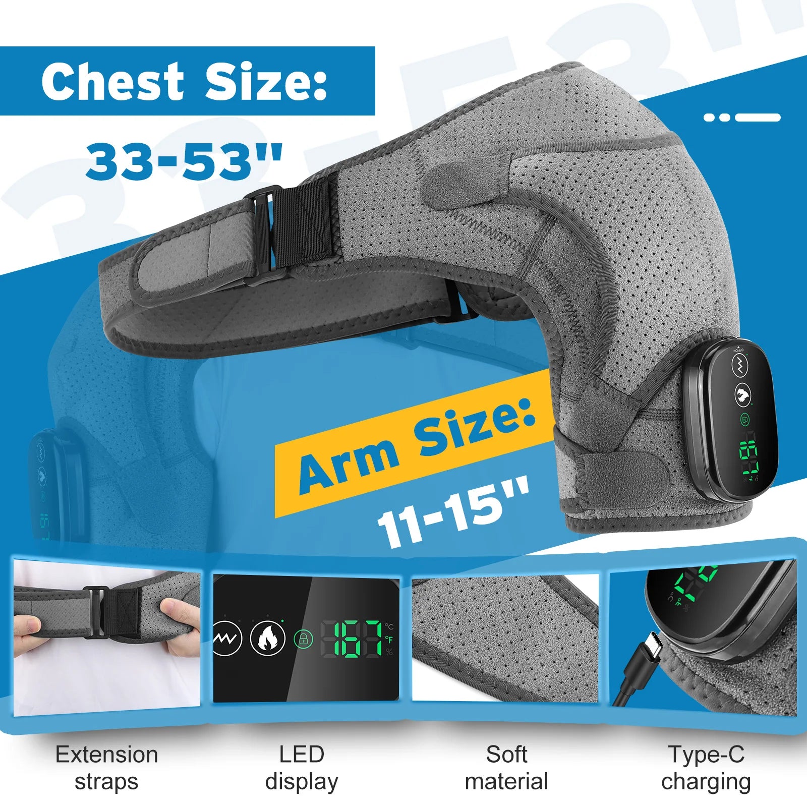 Gray electronic arm and chest measurement device with digital display on a blue background